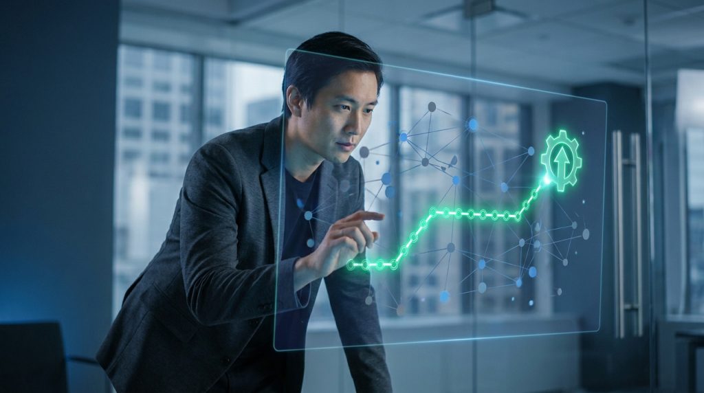 Un professionnel analysant un graphique de croissance numérique sur un écran tactile holographique dans un bureau.