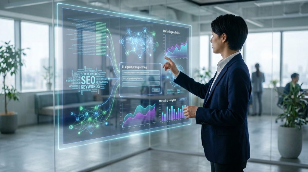 Un homme d'affaires interagit avec une interface holographique affichant des données marketing et IA dans un bureau moderne.