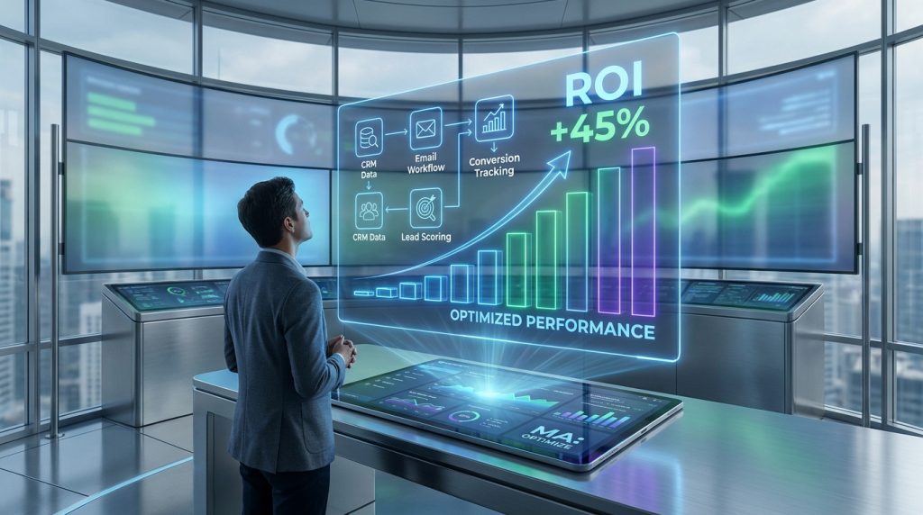 Homme d'affaires observant un tableau de bord holographique affichant une croissance du ROI et des processus marketing.