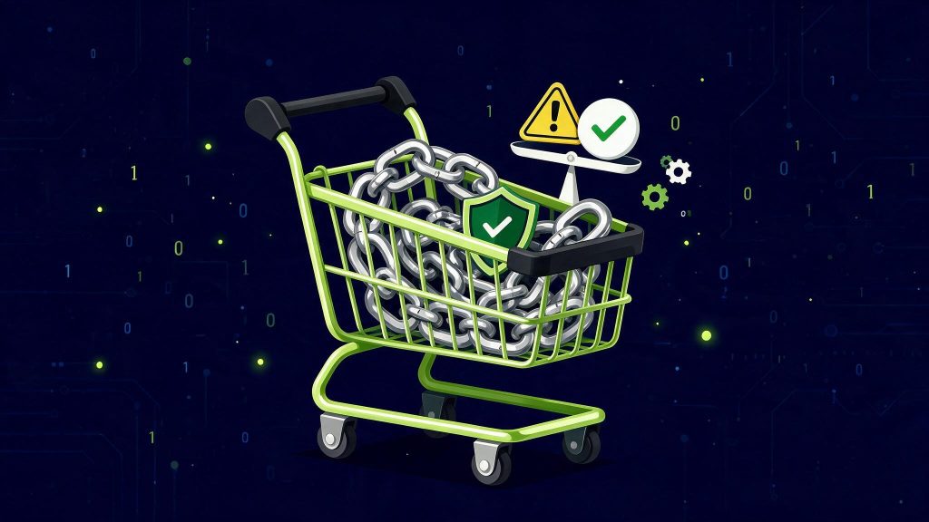 Illustration de l'achat de backlinks avec Linkuma : panier avec maillons de chaîne et bouclier de contrôle qualité, fond bleu marine et vert citron