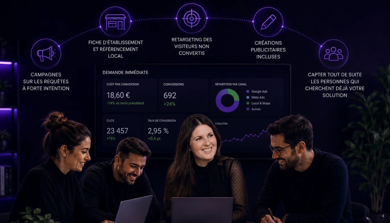 Tableau de bord acquisition : coût par conversion, volume et répartition par canal
