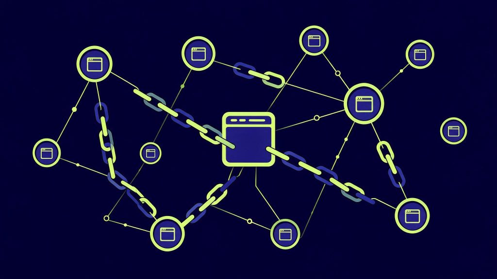 Illustration de la recherche d'opportunités de backlinks avec Ahrefs : réseau de liens convergeant vers un site web, fond bleu marine et vert citron