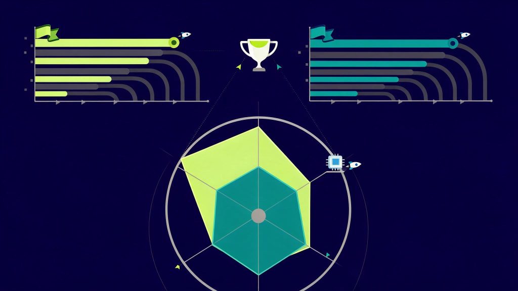 Illustration d'une analyse concurrentielle avec Semrush : graphiques comparatifs et trophée sur fond bleu marine et vert citron