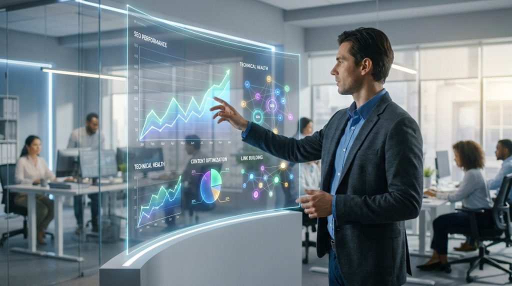 Professionnel analysant des graphiques de performance SEO sur une interface numérique futuriste dans un bureau moderne.
