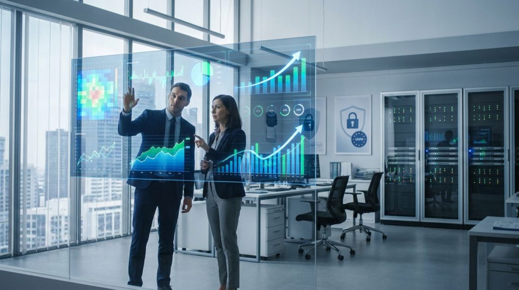 Deux professionnels analysent des graphiques de données numériques sur un écran tactile transparent dans un centre de données.