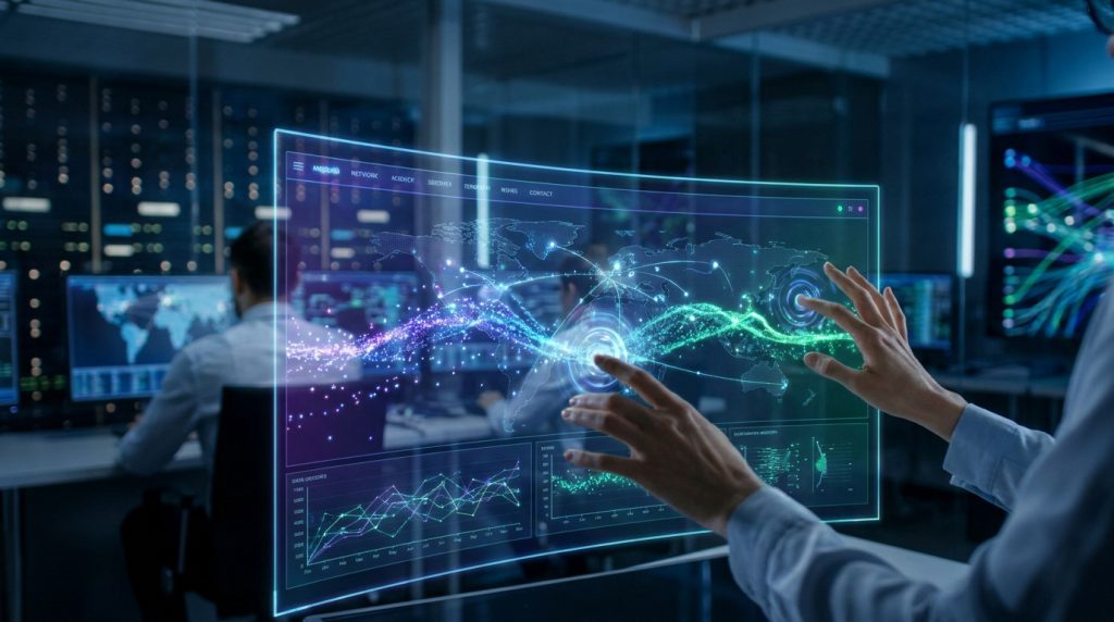 Une personne interagit avec une interface holographique affichant des données mondiales et des graphiques financiers.