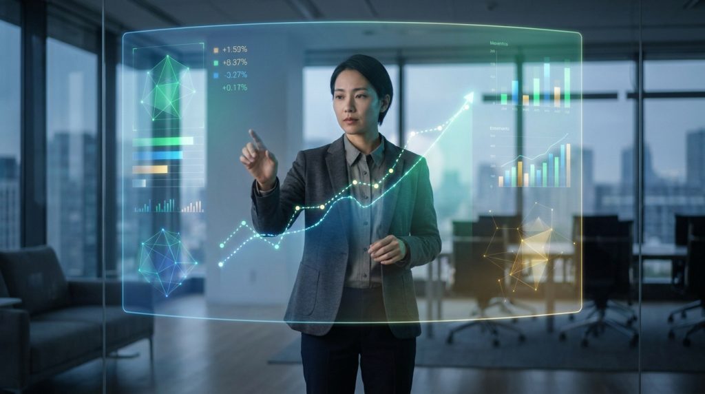Une femme d'affaires analyse des données financières et des graphiques de croissance sur un écran holographique interactif.