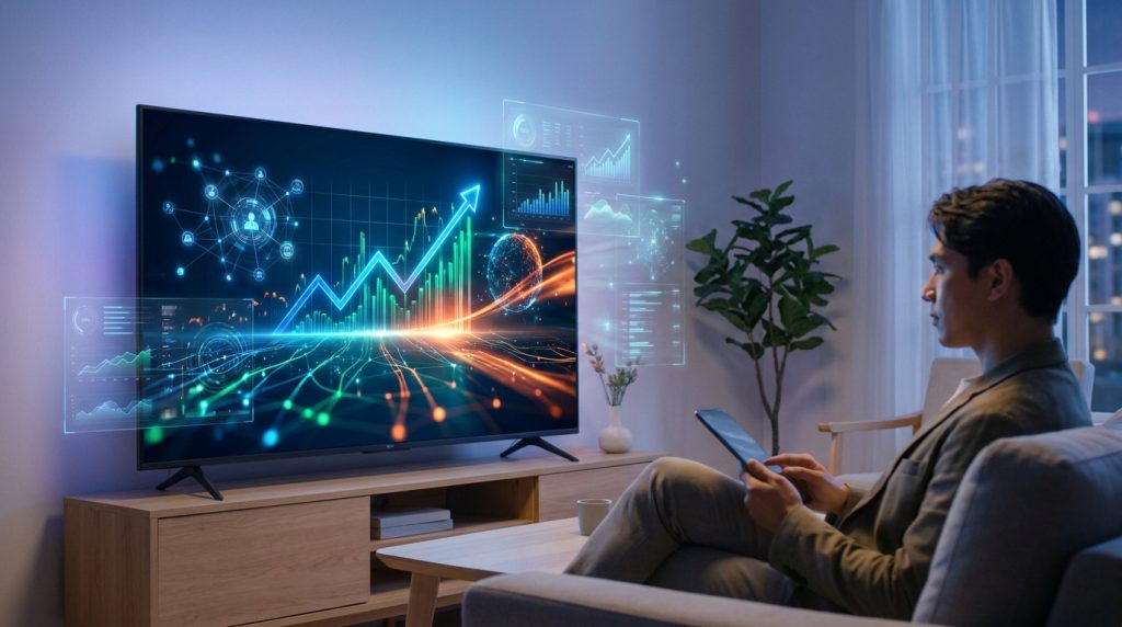 Un homme regarde un écran TV affichant des graphiques de données complexes et des flux publicitaires digitaux.