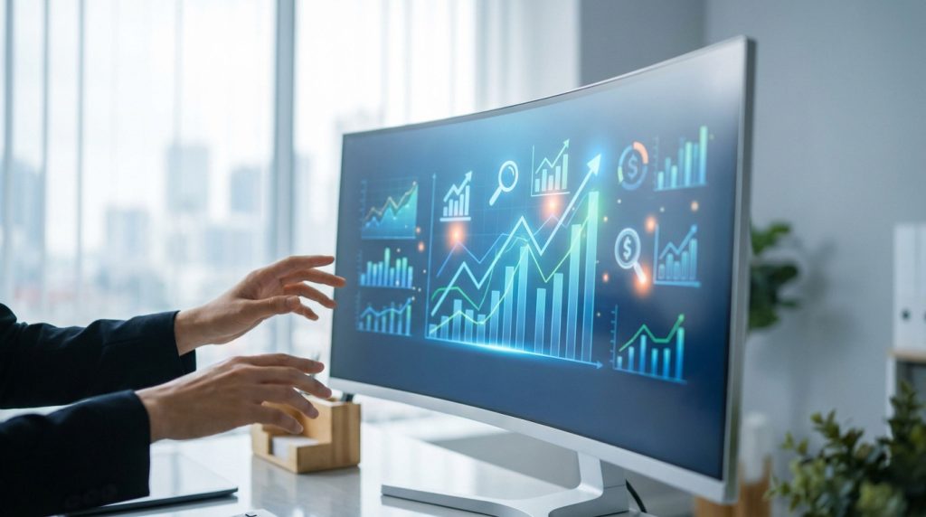 Une personne analyse des graphiques de performance financière sur un écran d'ordinateur incurvé.