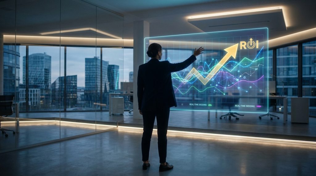 Une femme d'affaires analyse un graphique holographique de croissance du ROI dans un bureau moderne avec vue sur la ville.