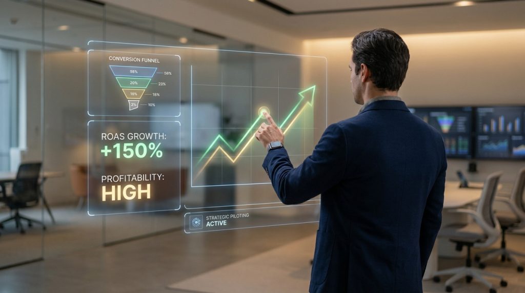 Homme d'affaires interagissant avec une interface numérique holographique affichant des données de conversion Google Ads.