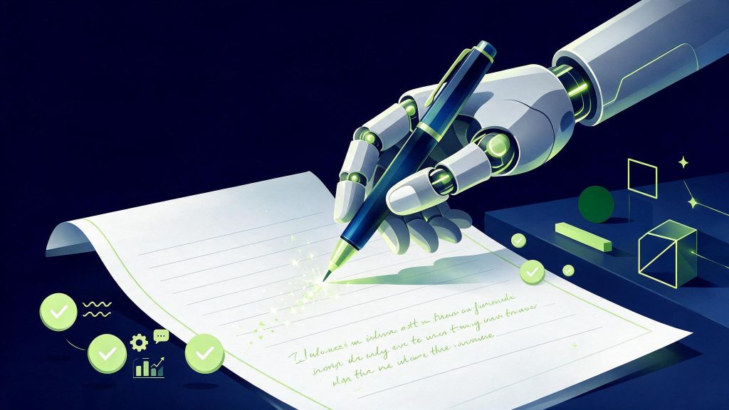 Illustration de la rédaction d'articles SEO avec l'IA WiseWand : main robotique écrivant un article, fond bleu marine et vert citron