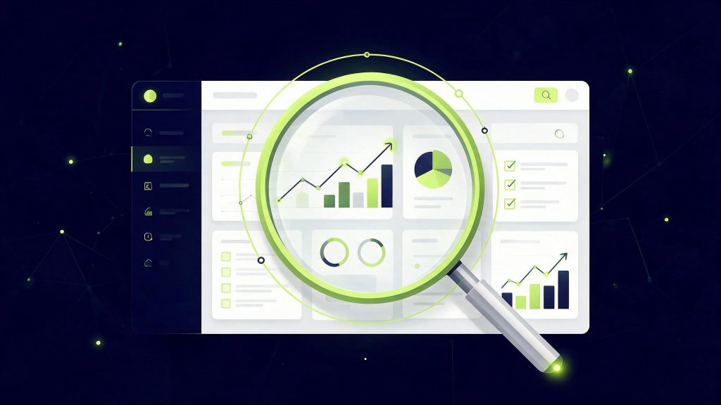 Illustration d'un audit SEO complet avec Semrush : loupe analysant un tableau de bord de site web sur fond bleu marine et vert citron