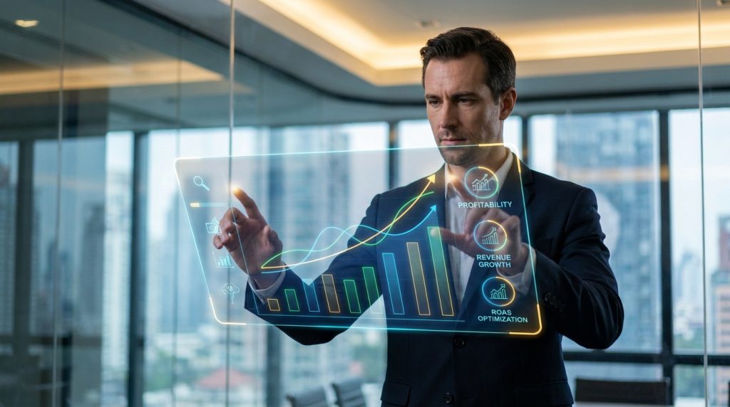 Un homme d'affaires en costume manipulant une interface numérique holographique affichant des graphiques de performance.