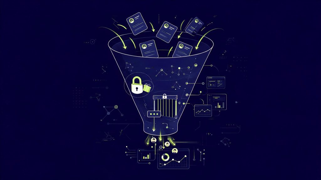 Illustration du CRM HubSpot gratuit avec entonnoir marketing et fonctionnalités déverrouillées
