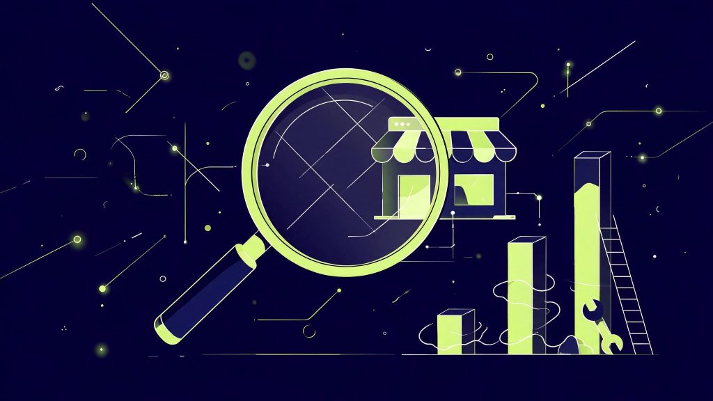 Illustration du SEO Shopify : loupe examinant une boutique en ligne et positions qui montent