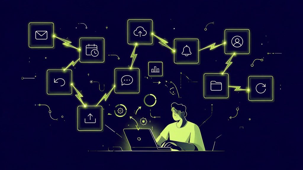 Illustration d'une prospection automatisée avec Zapier connectant plusieurs applications
