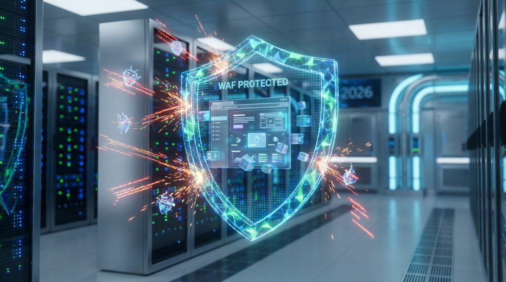 Un bouclier numérique protégeant une interface web dans un centre de données futuriste.