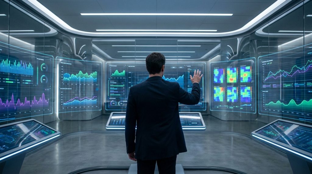 Un homme d'affaires analyse des données sur des écrans futuristes dans un centre de contrôle haute technologie.
