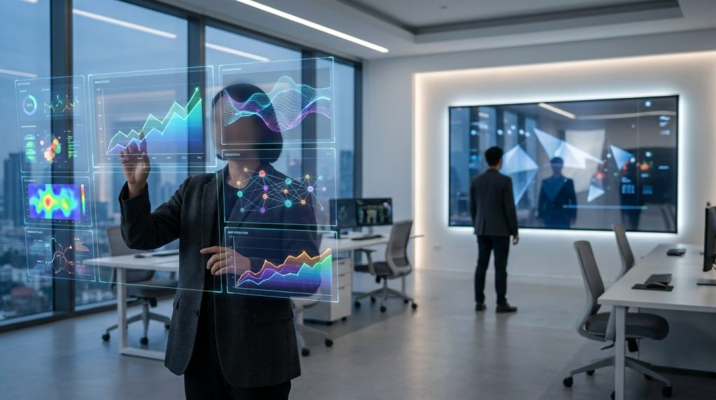 Une personne interagit avec des interfaces holographiques de données dans un bureau moderne avec vue sur la ville.
