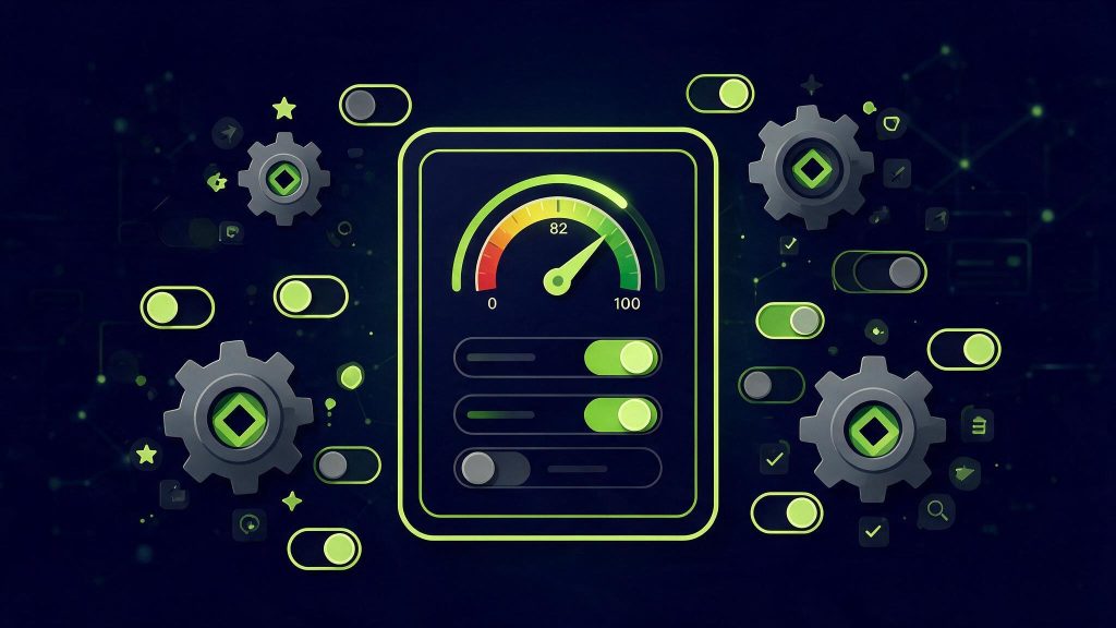 Illustration de la configuration du plugin RankMath sur WordPress : panneau de réglages avec engrenages et jauge de score, fond bleu marine et vert citron