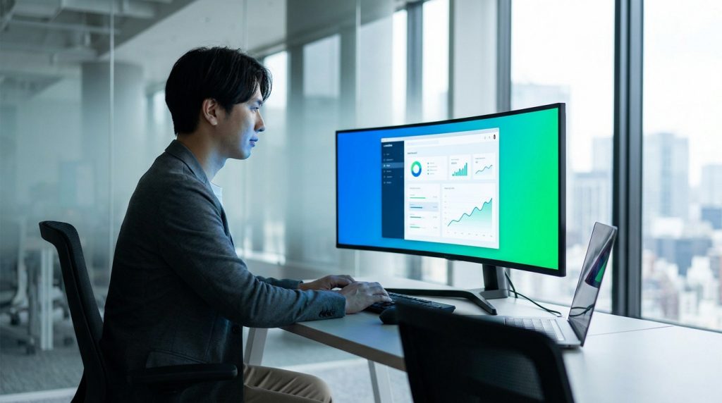 Un professionnel travaillant sur un tableau de bord analytique sur un écran large dans un bureau moderne.