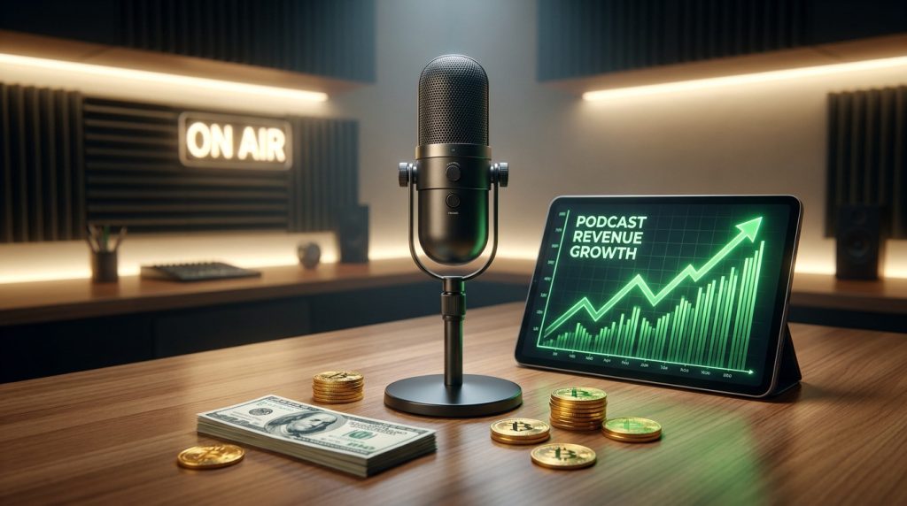 Un micro de studio, une tablette affichant une courbe de revenus en hausse, des billets et des pièces sur une table en bois.