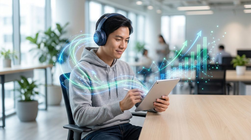 Jeune homme avec casque audio utilisant une tablette numérique avec des graphiques de croissance lumineux en arrière-plan.
