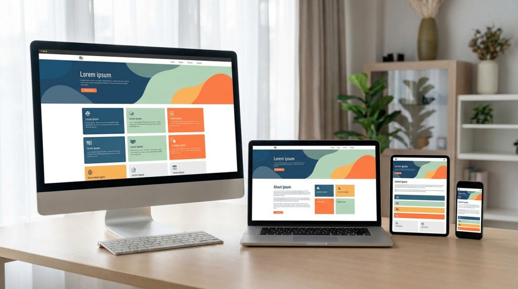 Un ordinateur, un portable, une tablette et un smartphone affichant le même site web sur un bureau.