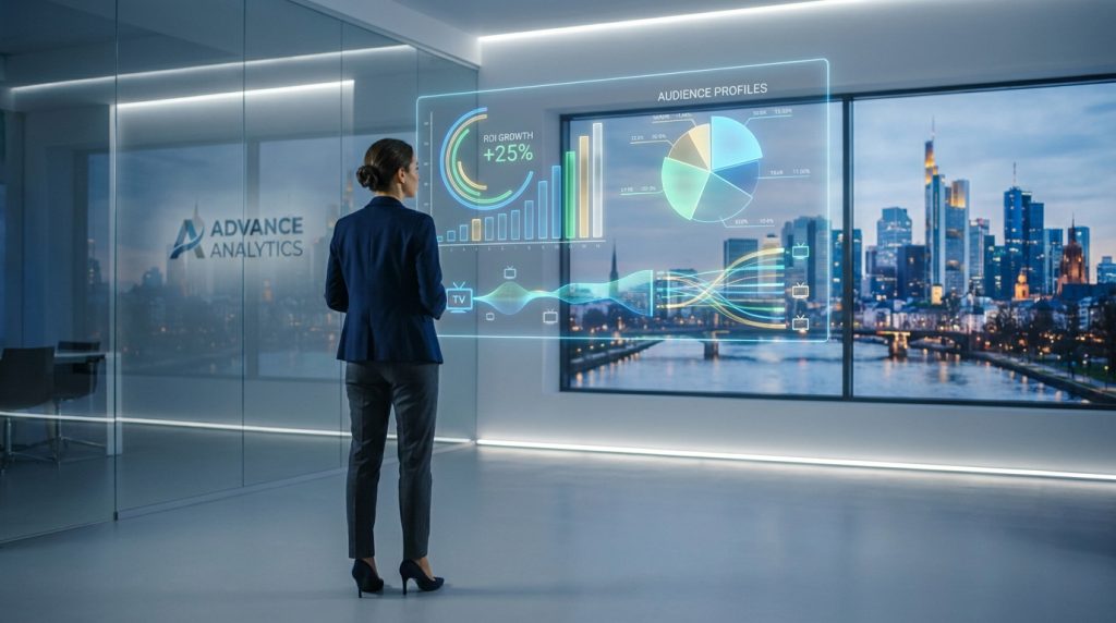 Une femme d'affaires regarde un tableau de bord numérique flottant avec des graphiques d'analyse devant une ville.