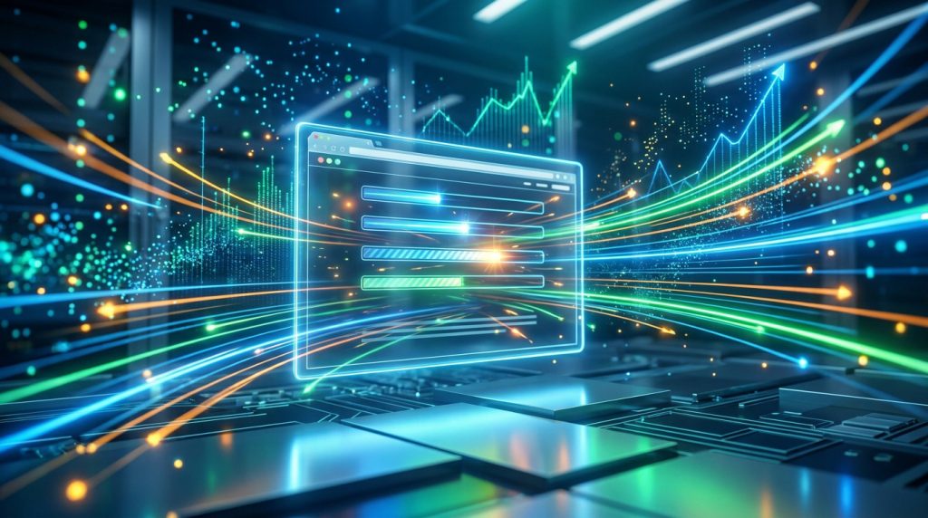 Visualisation numérique d'une fenêtre de navigateur web avec des barres de chargement et des flux de données en mouvement.