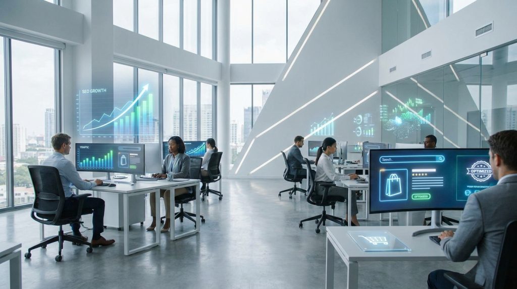Employés de bureau travaillant sur des ordinateurs affichant des graphiques de croissance SEO et des interfaces e-commerce.