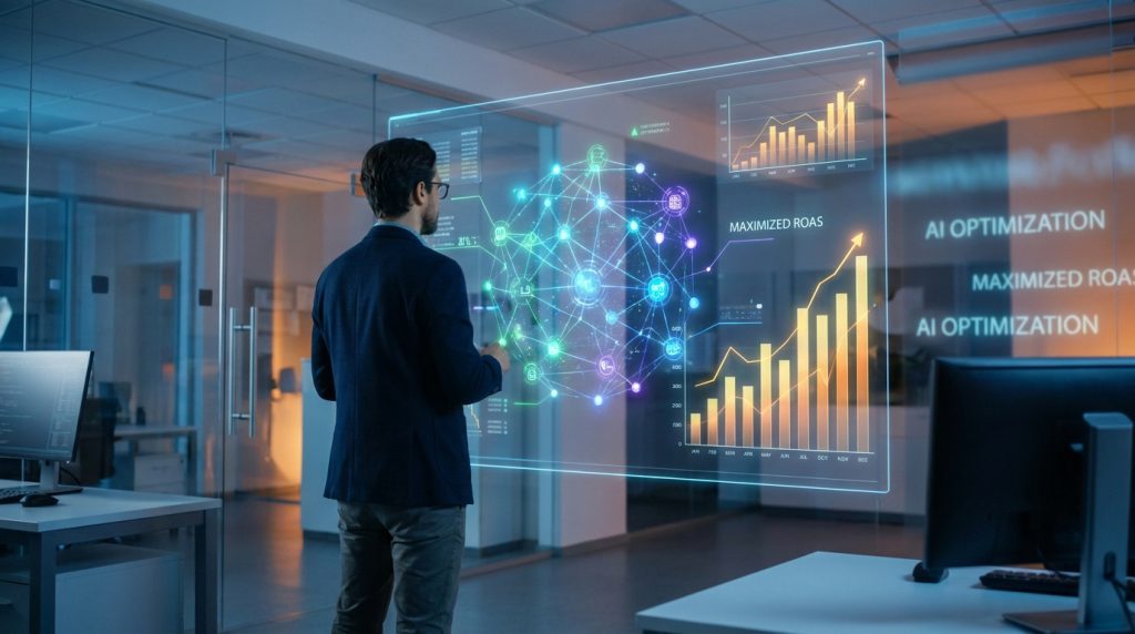 Un analyste devant un écran holographique affichant des données de rentabilité et des graphiques de performance publicitaire.