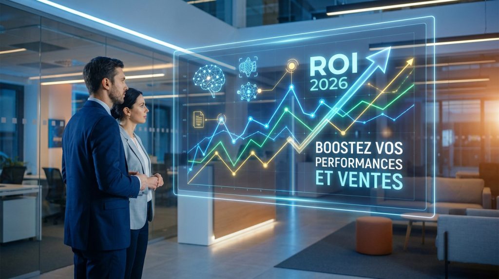 Un homme et une femme d'affaires regardent un écran holographique affichant des graphiques de croissance et le texte ROI 2026.
