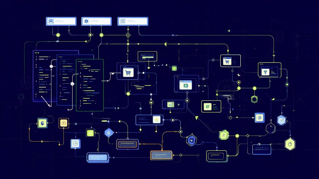 Illustration du tracking de formulaire avec Google Tag Manager : champs de formulaire reliés à des balises par un flux de données, fond bleu marine et vert citron
