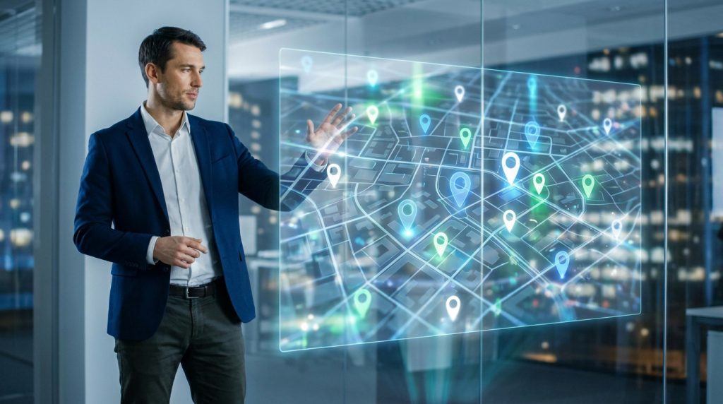 Un professionnel en costume manipulant une interface numérique interactive affichant une carte avec des repères de localisation.