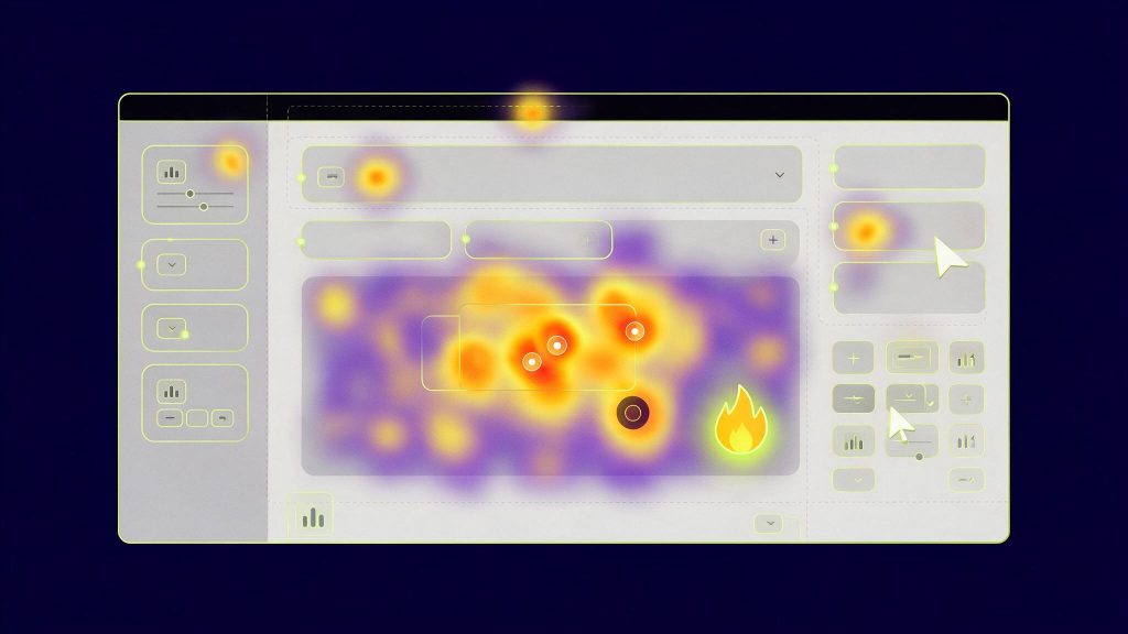 Illustration de la lecture d'une heatmap Hotjar : maquette de page web avec zones de chaleur et points de clics, fond bleu marine et vert citron