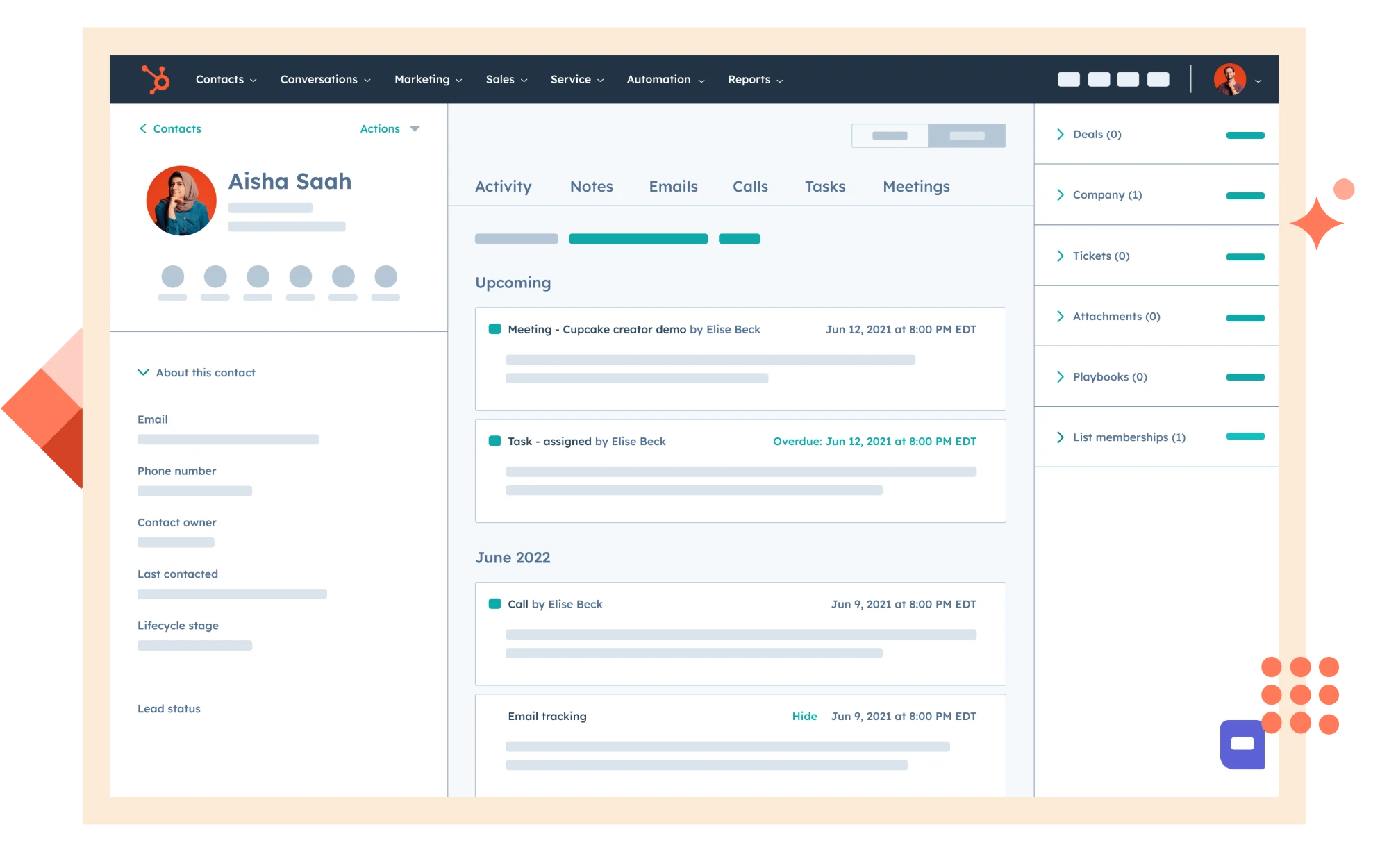 Fiche contact HubSpot CRM : activités, emails, appels, tâches et meetings