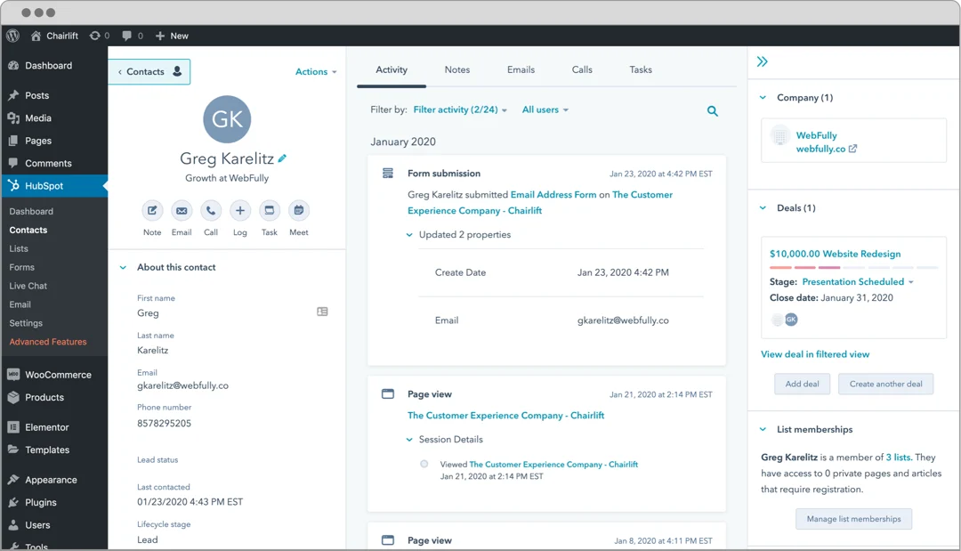 HubSpot intégré à WordPress : contacts, deals et listes dans l'admin