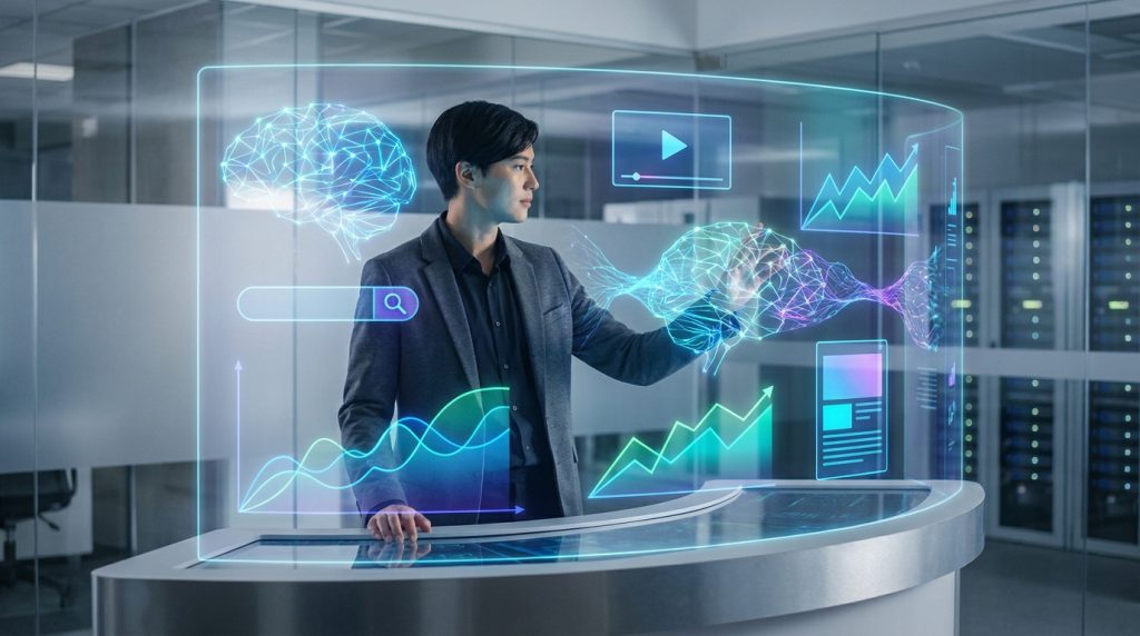 Un professionnel utilisant une interface holographique futuriste affichant des données et des graphiques Google Ads.