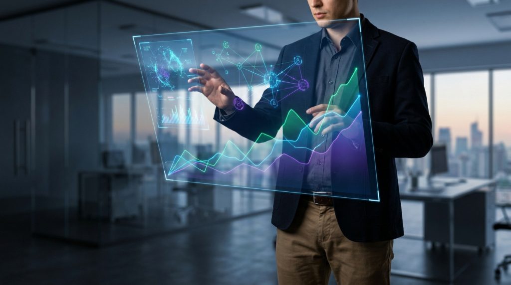Un homme d'affaires interagissant avec une interface numérique holographique affichant des graphiques et un réseau.