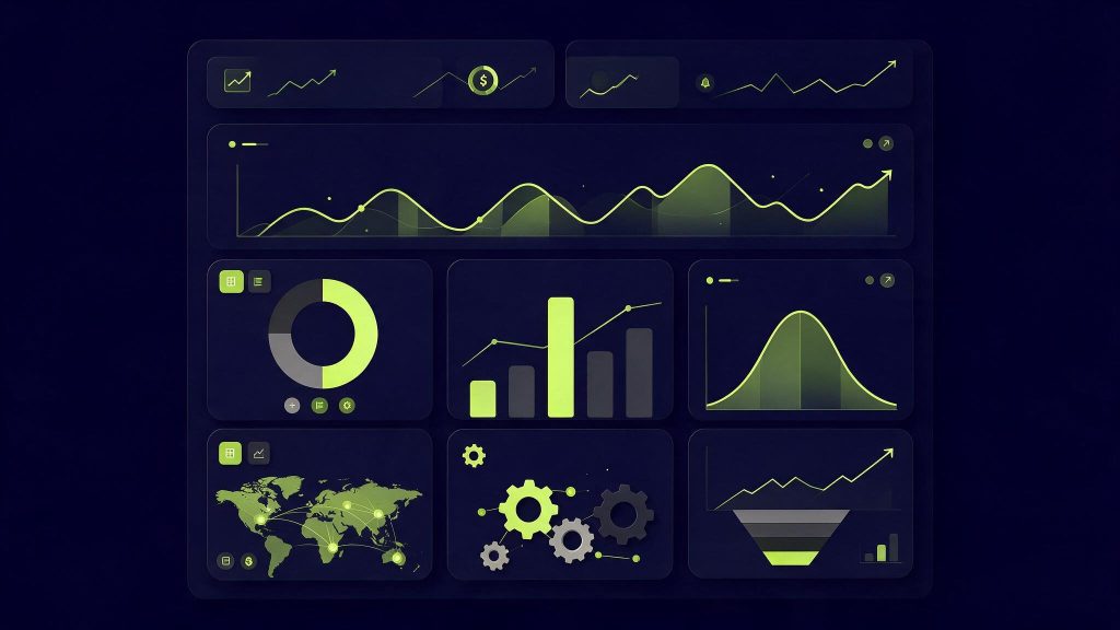 Illustration d'un dashboard SEO Looker Studio : écran de reporting avec widgets, courbes et indicateurs clés, fond bleu marine et vert citron