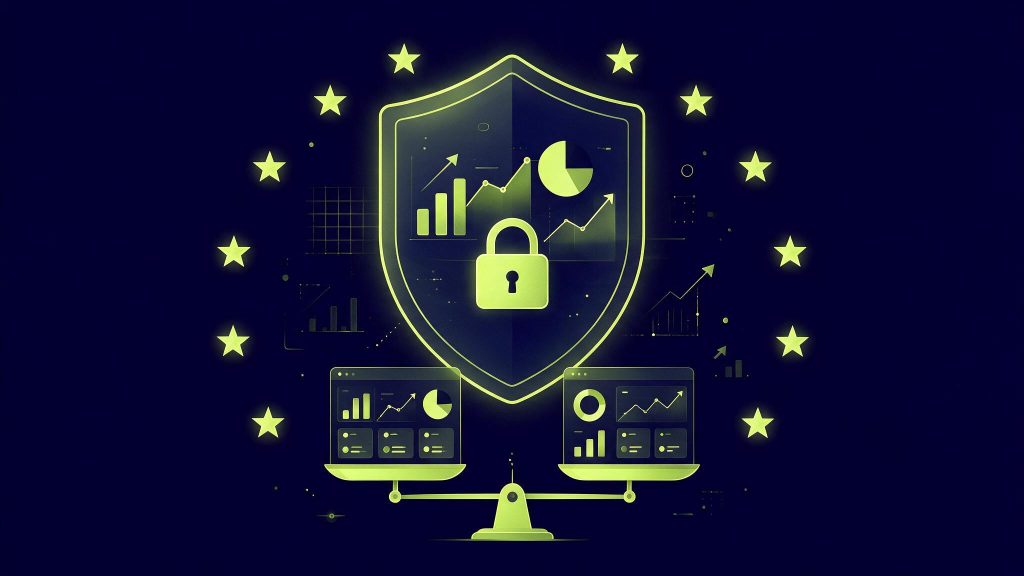 Illustration du comparatif Matomo vs GA4 : bouclier avec cadenas protégeant des graphiques analytics et balance de comparaison, fond bleu marine et vert citron