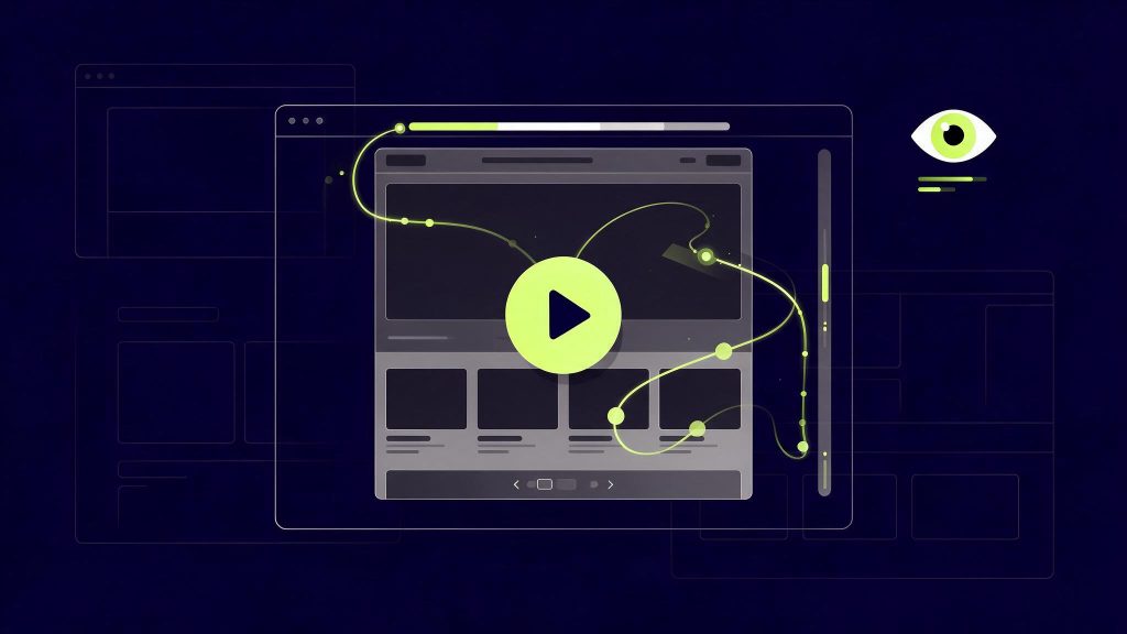Illustration de l'analyse UX avec Microsoft Clarity : enregistrement de session avec trajectoires de curseur sur une maquette de page, fond bleu marine et vert citron