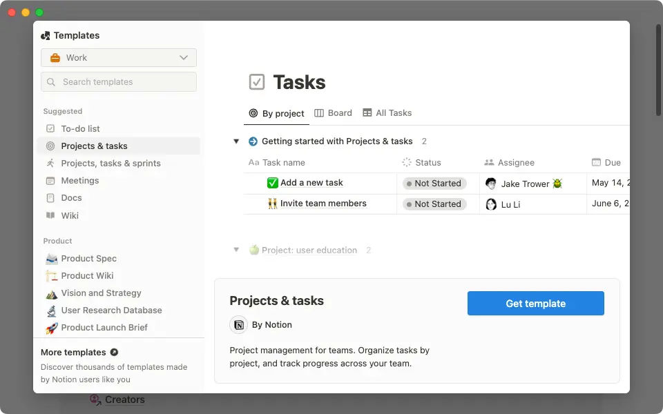 Notion : base de tâches par projet avec statuts et assignations