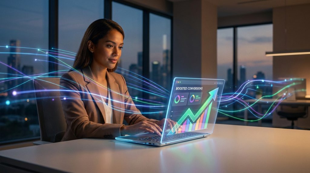 Une femme d'affaires travaillant sur un ordinateur portable affichant une croissance des conversions via des flux de données.