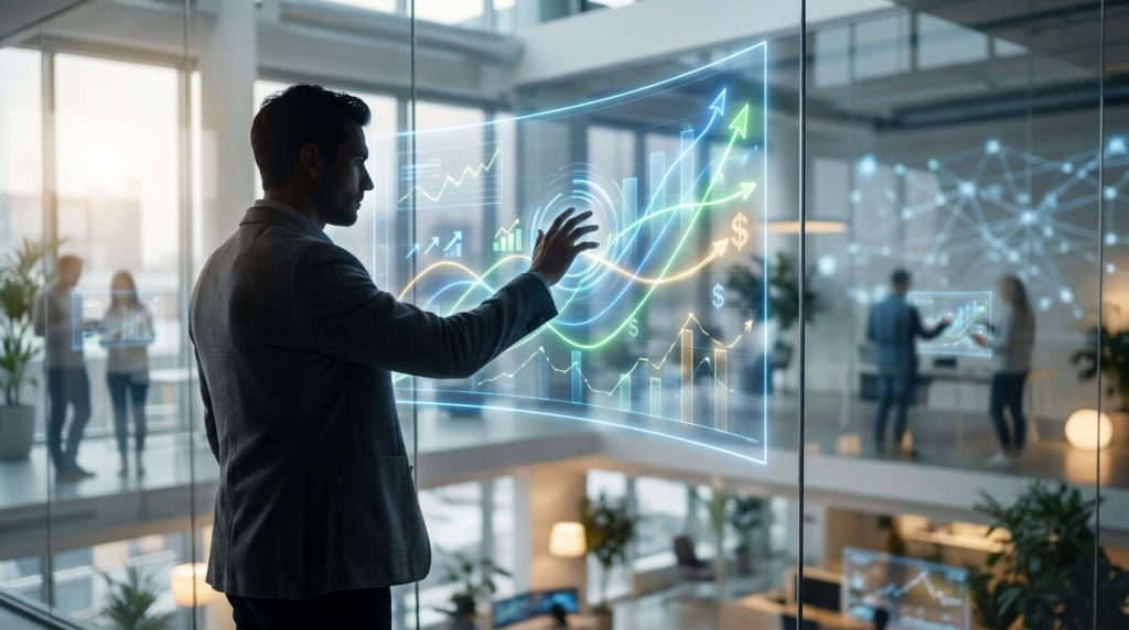 Un professionnel utilise une interface tactile virtuelle affichant des graphiques de croissance et de rentabilité.