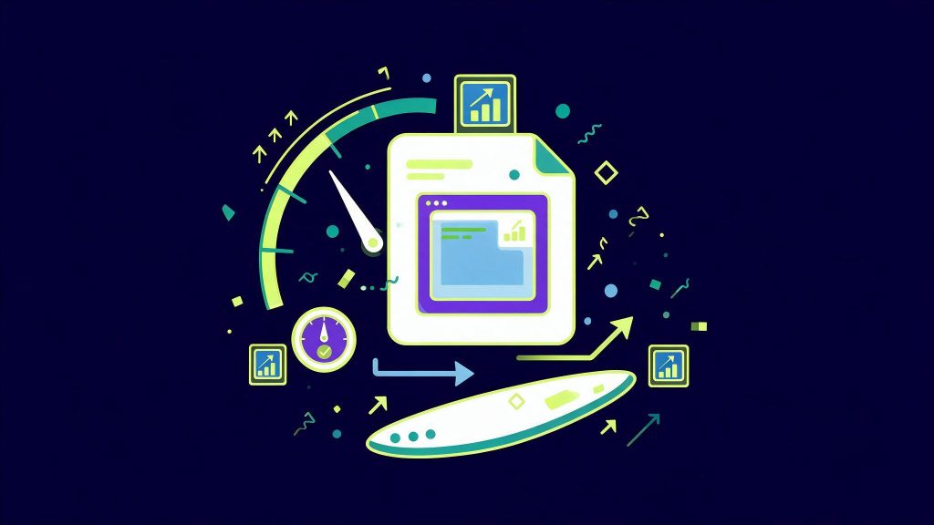 Illustration de l'optimisation d'un article avec Surfer SEO : document avec jauge de score en progression, fond bleu marine et vert citron