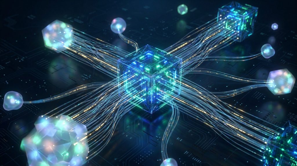 Représentation 3D de cubes interconnectés par des flux de lumière sur un circuit électronique sombre.