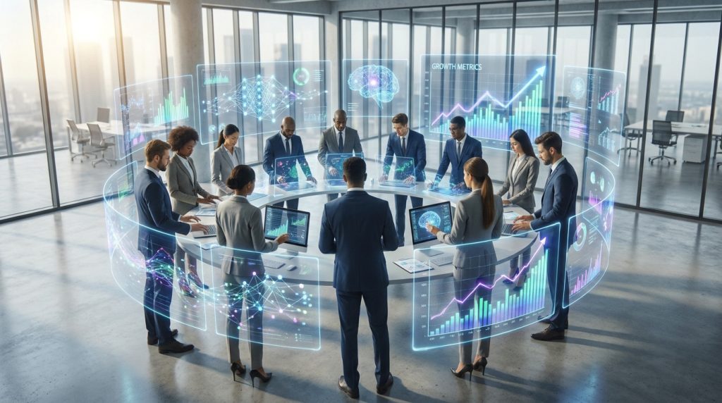Une équipe d'affaires autour d'une table ronde analysant des données et graphiques numériques holographiques futuristes.